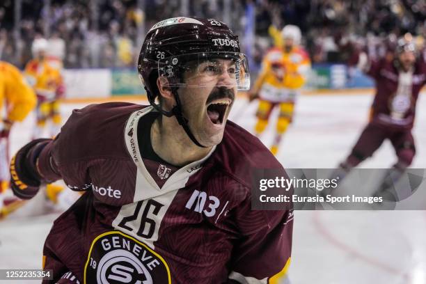 Daniel Winnik of Servette celebrates his goal during the Swiss Hockey National League Final match between Geneve-Servette and Biel-Bienne at Les...