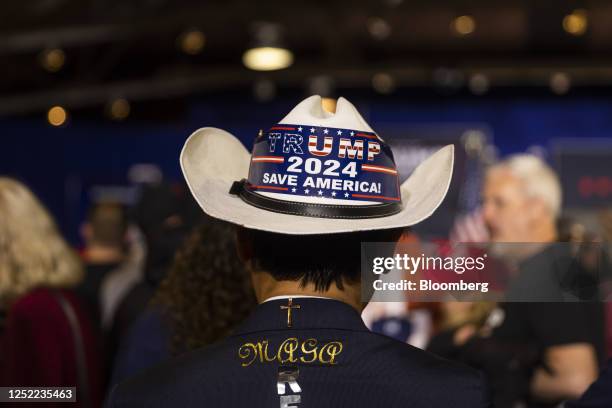 An attendee at a campaign event for former US President Donald Trump in Manchester, New Hampshire, US, on Thursday, April 27, 2023. Trump is seeking...