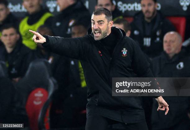 Southampton's Spanish head coach Ruben Selles gestures on the touchline during the English Premier League football match between Southampton and...