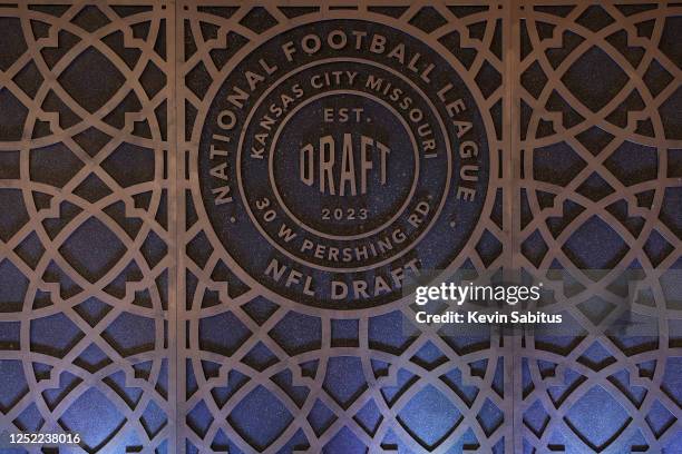 Detail shot of signage in the green room backstage prior to the first round of the 2023 NFL Draft at Union Station on April 27, 2023 in Kansas City,...