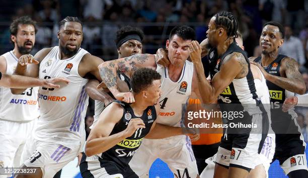 Players of Real Madrid and Partizan Mozzart Bet Belgrade fighting on court during the 2022/2023 Turkish Airlines EuroLeague Play Offs Game 2 match...