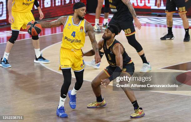 Lorenzo Brown, #4 of Maccabi Playtika Tel Aviv and Jordan Loyd, #3 of AS Monaco in action during the 2022/2023 Turkish Airlines EuroLeague Play Offs...