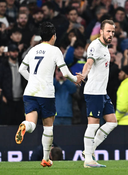 Son Heung-min of Tottenham Hotspur celebrate with Harry Kane after scoring goal during the Premier League match between Tottenham Hotspur and...