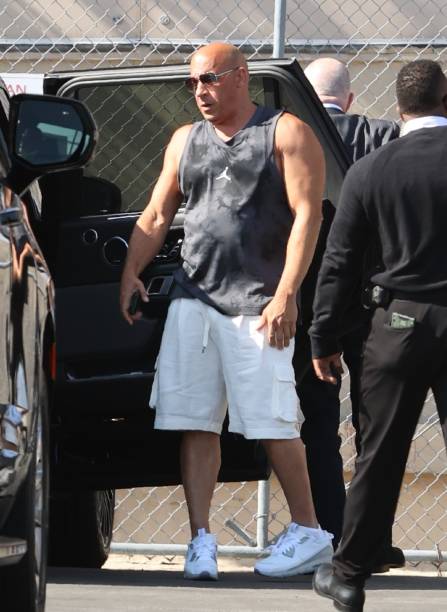 Vin Diesel is seen arriving at "Jimmy Kimmel Live!" on April 27, 2023 in Los Angeles, California.