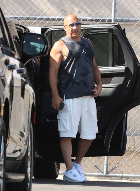Vin Diesel is seen arriving at "Jimmy Kimmel Live!" on April 27, 2023 in Los Angeles, California.
