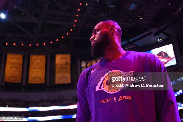 LeBron James of the Los Angeles Lakers looks on before the game against the Memphis Grizzlies on April 24, 2023 at Crypto.Com Arena in Los Angeles,...