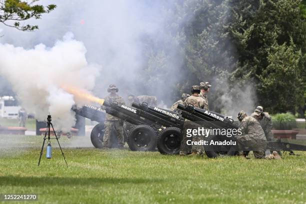 Military personnel fire artillery during a ceremony in Virginia, United States on April 27, 2023. The Fort Lee army base in Virginia renamed as "Fort...