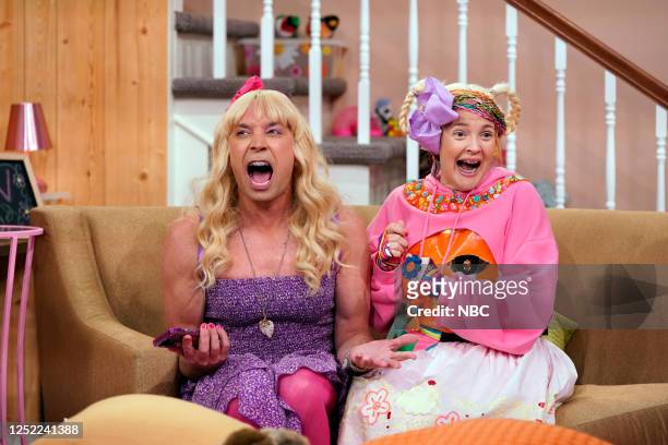 Episode 1841 -- Pictured: Host Jimmy Fallon as Sara and talk show host Drew Barrymore during "Ew!" on Thursday, April 27, 2023 --