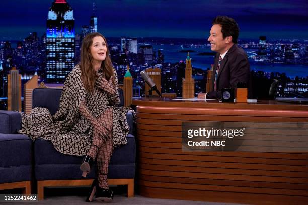 Episode 1841 -- Pictured: Talk show host Drew Barrymore during an interview with host Jimmy Fallon on Thursday, April 27, 2023 --