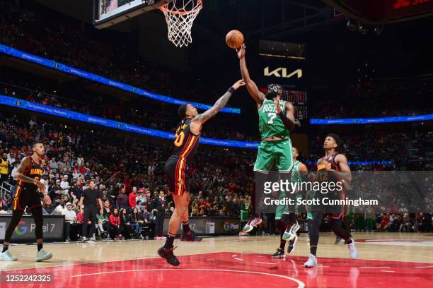 Jaylen Brown of the Boston Celtics shoots the ball during Round One Game Six of the 2023 NBA Playoffs on April 27, 2023 at State Farm Arena in...