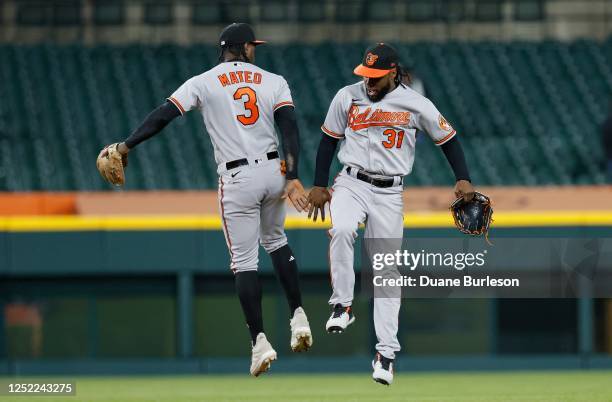 Jorge Mateo and Cedric Mullins of the Baltimore Orioles celebrate after a 7-4 win over the Detroit Tigers at Comerica Park on April 27 in Detroit,...