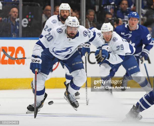 Nicholas Paul of the Tampa Bay Lightning grabs a puck against the Toronto Maple Leafs during Game Five of the First Round of the 2023 Stanley Cup...