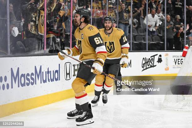 Mark Stone of the Vegas Golden Knights celebrates his second-period goal against the Winnipeg Jets in Game Five of the First Round of the 2023...