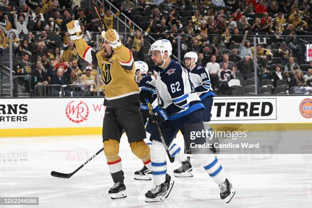 Mark Stone of the Vegas Golden Knights celebrates his second-period goal against the Winnipeg Jets in Game Five of the First Round of the 2023...