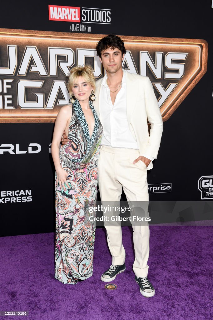 Meg Donnelly and Drake Rodger at the premiere of "Guardians of the