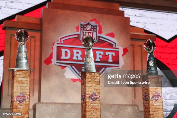 The Kansas City Chiefs three Lombardi Trophies on display as the team picks in the first round of the NFL Draft Red Carpet event on April 27, 2023 at...