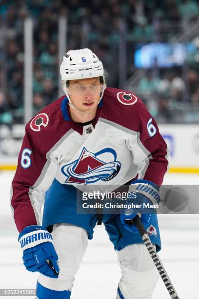 Erik Johnson of the Colorado Avalanche skates during the first period against the Seattle Kraken in Game Four of the First Round of the 2023 Stanley...