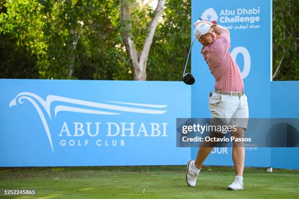 Paul Dunne of Ireland plays his tee shot on the 10th hole during Day Two of the Abu Dhabi Challenge at Abu Dhabi Golf Club on April 28, 2023 in Abu...