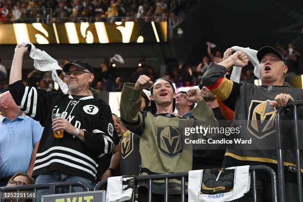 Vegas Golden Knights fans celebrate a goal in the first period against the Winnipeg Jets in Game Five of the First Round of the 2023 Stanley Cup...