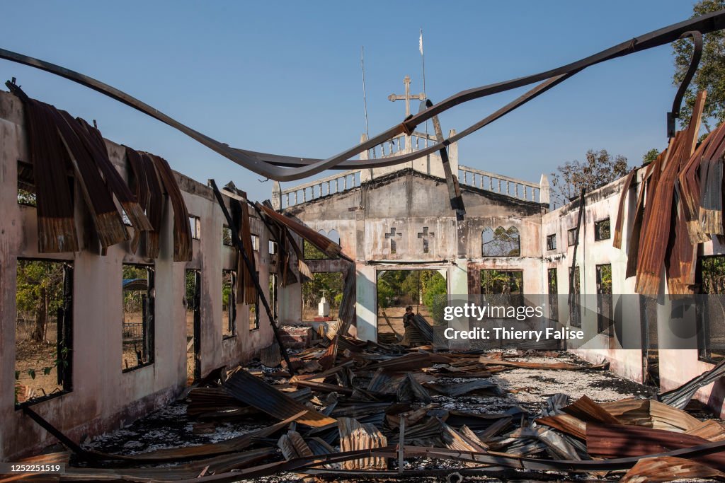 The remnants of a Catholic church that was destroyed by a...