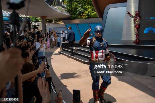 Captain America waving at Hong Kong Disneyland on April 28, 2023 in Hong Kong, China.