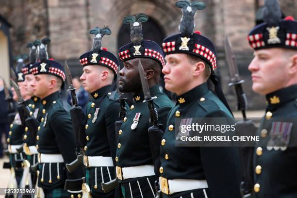 Members of 3 Scots The Black Watch take part in a special ceremony at Edinburgh Castle on April 27, 2023 for the transportation of The Stone of...