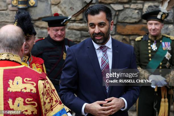 Scotland's First Minister Humza Yousaf attends a special ceremony at Edinburgh Castle on April 27, 2023 for the transportation of The Stone of...