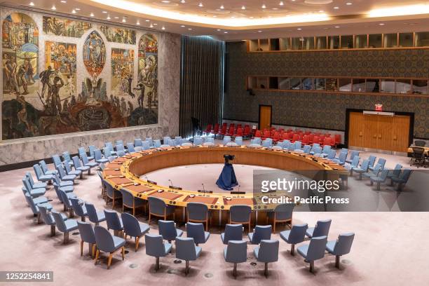 View of empty Security Council chamber before start of the meeting on Maintenance of international peace and security at UN Headquarters. Russian...