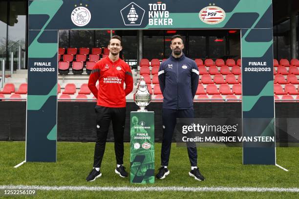 Eindhoven's forward Dutch Luuk de Jong and PSV Eindhoven's head coach Ruud van Nistelrooij pose ahead of the KNVB Cup final match in the Dutch...