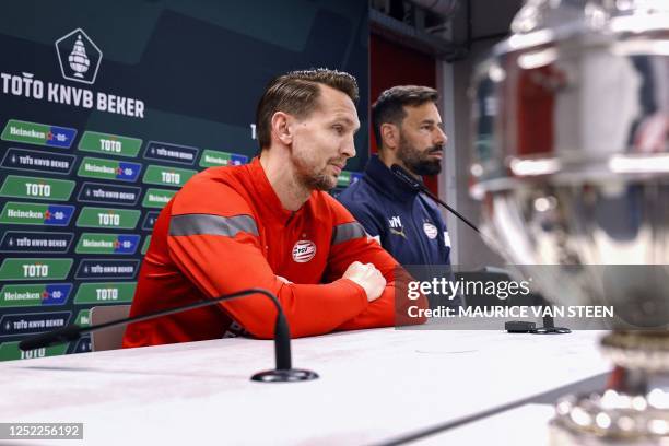 Eindhoven's forward Dutch Luuk de Jong and PSV Eindhoven's head coach Ruud van Nistelrooij hold a press conference ahead of the KNVB Cup final match...