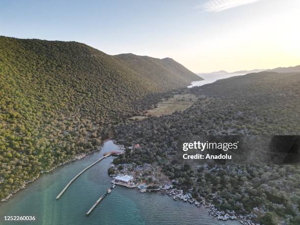 An aerial view of long-distance hiking trail on the margin of sea at Lycian Way in Antalya, Turkiye on April 28, 2023. The Lycian Way, which is...