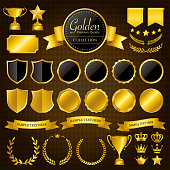 Gold medals, laurel wreaths, frames, ribbons, trophies, patches/vector illustration set