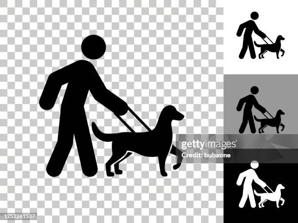stick figur walking dog icon auf checkerboard transparenten hintergrund - hundespaziergang stock-grafiken, -clipart, -cartoons und -symbole