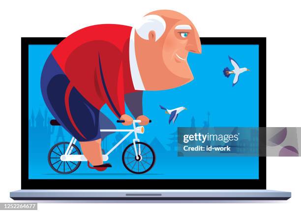 senior man cycling with laptop - old people exercise cartoon stock illustrations