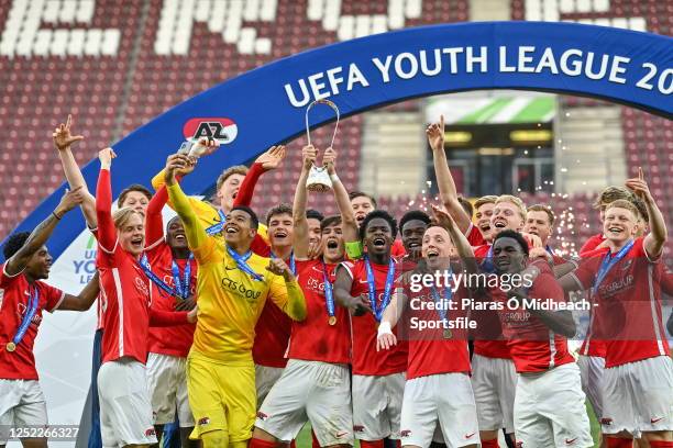 Alkmaar captain Wouter Goes lifts the trophy after his side's victory in the UEFA Youth League 2022/23 final match between AZ Alkmaar and HNK Hajduk...