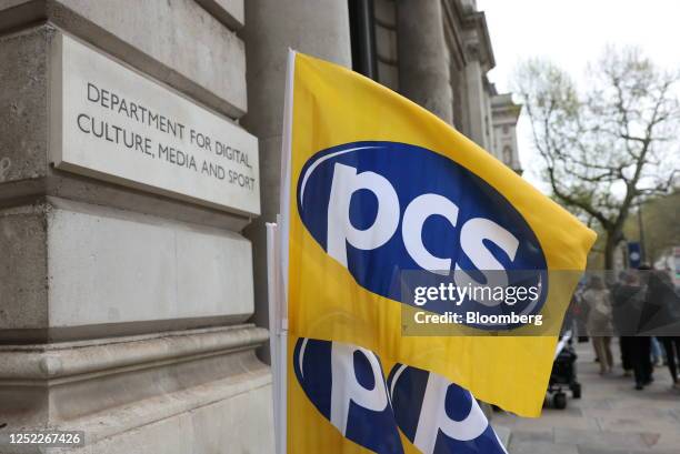 Flags at a demonstration outside the Department Of Digital, Culture, Media and Sport and Department of Revenue and Customs in London, UK, on Friday,...