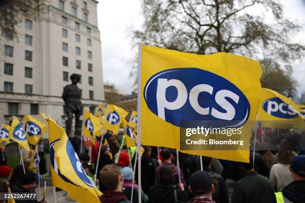 Civil servants demonstrate during a strike opposite Downing Street in London, UK, on Friday, April 28, 2023. More than 120,000 PCS, the main union...