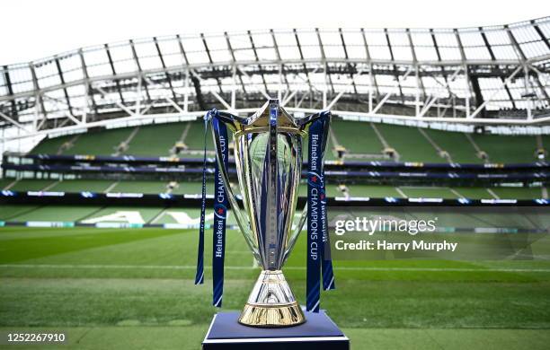 Dublin , Ireland - 28 April 2023; The Champions Cup trophy is seen before a Leinster Rugby captain's run at the Aviva Stadium in Dublin.