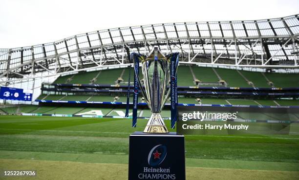 Dublin , Ireland - 28 April 2023; The Champions Cup trophy is seen before a Leinster Rugby captain's run at the Aviva Stadium in Dublin.