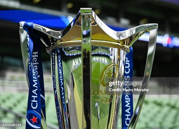 Dublin , Ireland - 28 April 2023; The Champions Cup trophy is seen before a Leinster Rugby captain's run at the Aviva Stadium in Dublin.