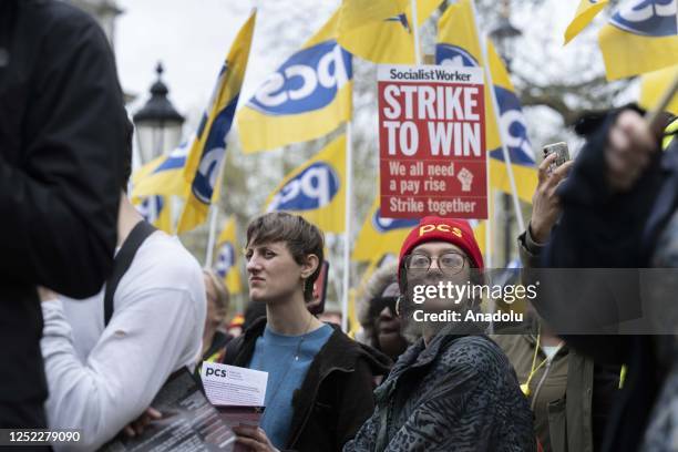 Civil servants gather to demonstrate during a strike opposite Downing Street in London, United Kingdom on April 28, 2023. More than 120.000 Public...