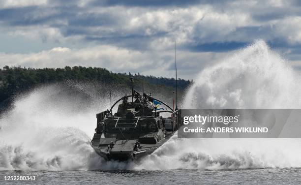 Swedish Combat Boat 90 is seen during the Aurora 23 joint military exercise of Swedish amphibious soldiers and Finnish amphibious soldiers from the...