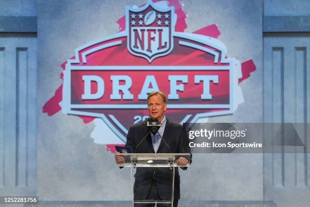 Commissioner Roger Goodell announces a pick from the podium in the first round of the NFL Draft on April 27, 2023 at Union Station in Kansas City, MO.