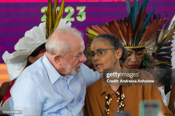 President of Brazil Luiz Inácio Lula da Silva and Brazilian Minister of Environment Marina Silva talk during the Terra Livre indigenous Camp closing...