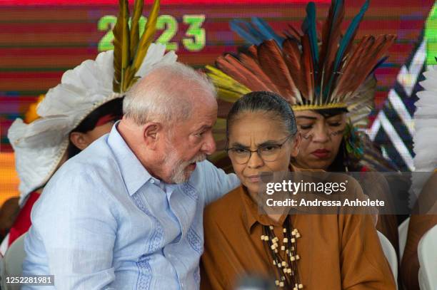 President of Brazil Luiz Inácio Lula da Silva and Brazilian Minister of Environment Marina Silva talk during the Terra Livre indigenous Camp closing...