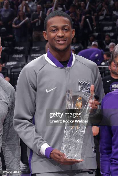 De'Aaron Fox of the Sacramento Kings is presented with the 2023 KIA Clutch Player of the Year Award prior to Round 1 Game 5 of the 2023 NBA Playoffs...