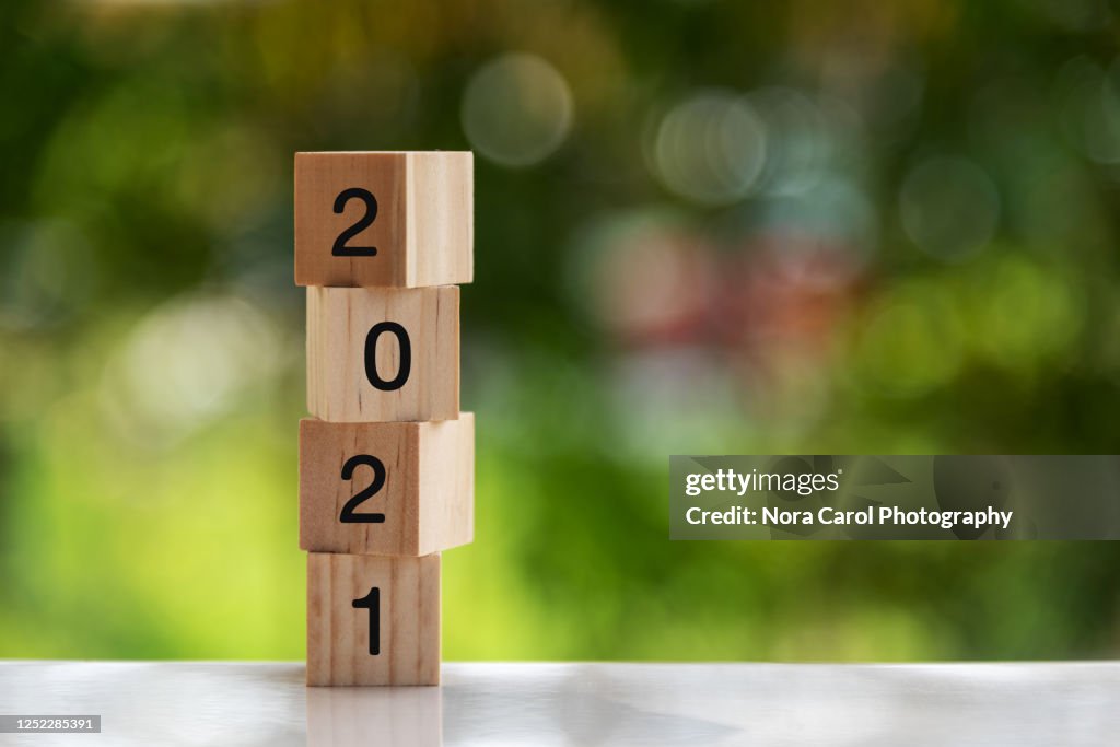 2021 Numbers on Wood Blocks New Year Concept