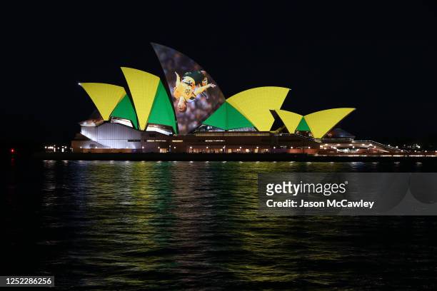 Lights displaying Sam Kerr are projected on the Sydney Opera House on June 25, 2020 in Sydney, Australia. Australia along with New Zealand are...