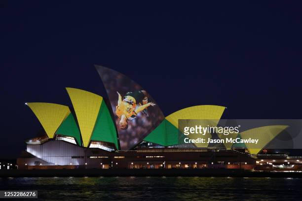 Lights displaying Sam Kerr are projected on the Sydney Opera House on June 25, 2020 in Sydney, Australia. Australia along with New Zealand are...