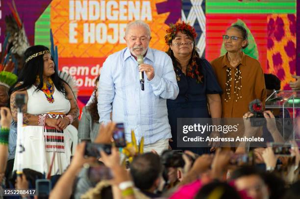 Brazil's Indigenous Peoples Minister Sonia Guajajara, President of Brazil Luiz Inácio Lula da Silva, President of Brazil's National Indigenous...